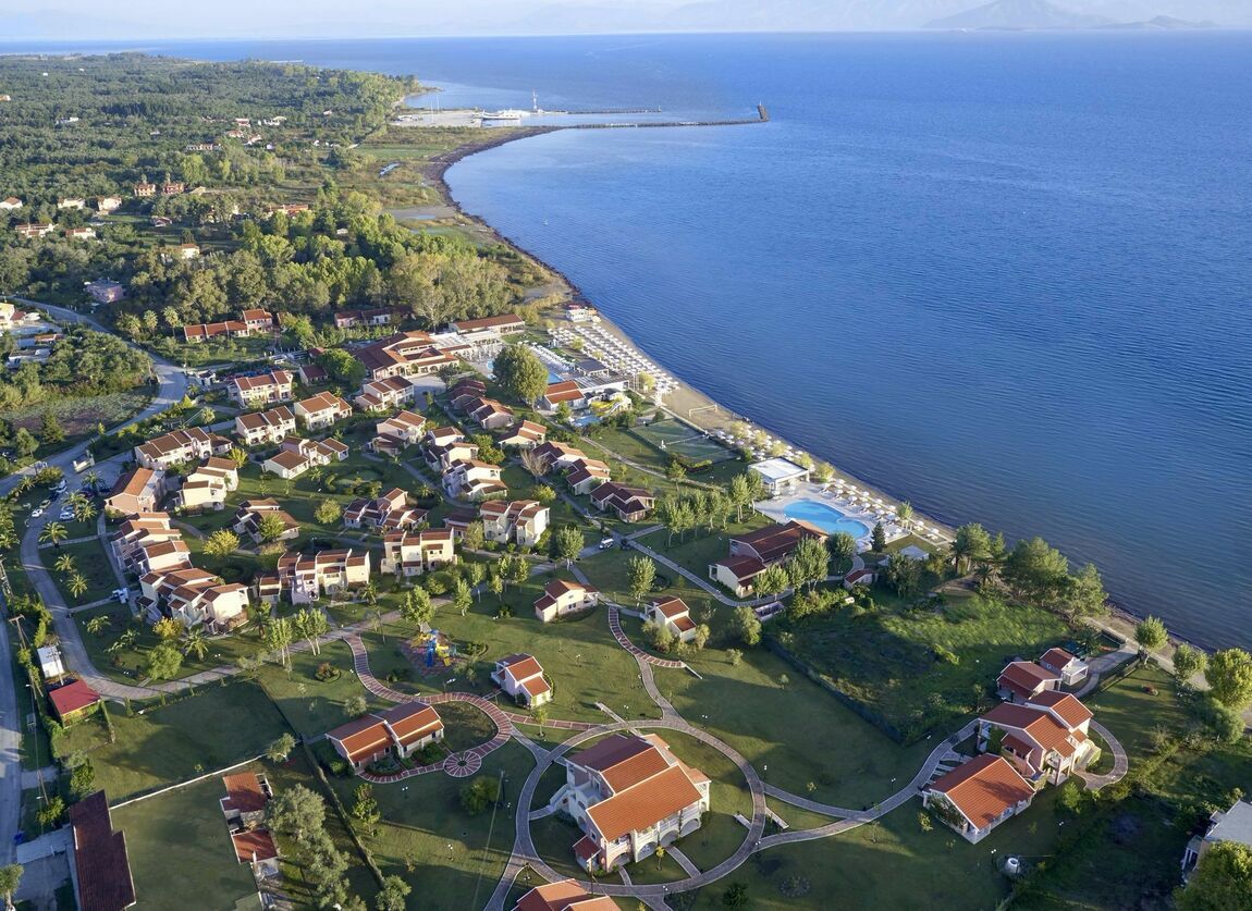 Aerial view of Capo Di Corfu 5 star family resort on the beach